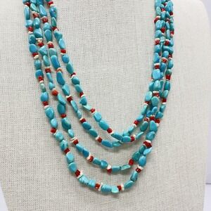 Southwestern Turquoise Necklace Coral & Pearl Accents 4 Strands 25" 925 Hook VTG